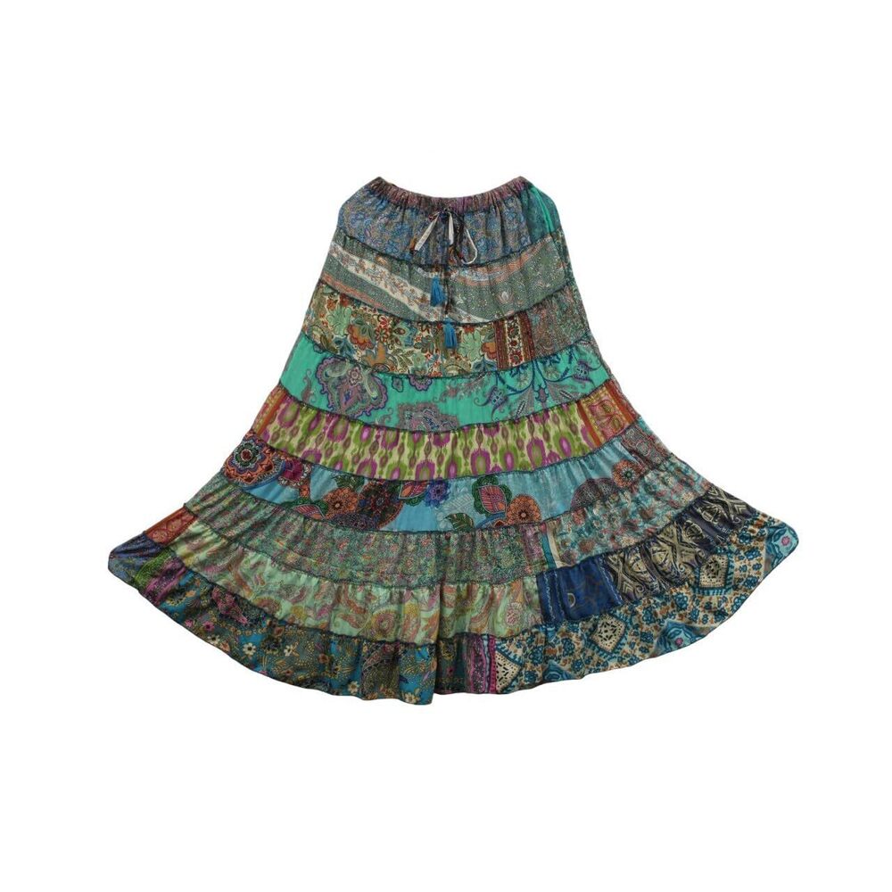 7881 Hippie Indian Silk Sari Patchwork Long Gypsy Floral Print Skirt